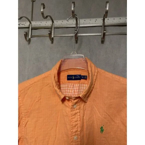 Ralph Lauren Shirt Men XL Orange Cotton Casual Button Up Green Pony Check Lined - Picture 7 of 11